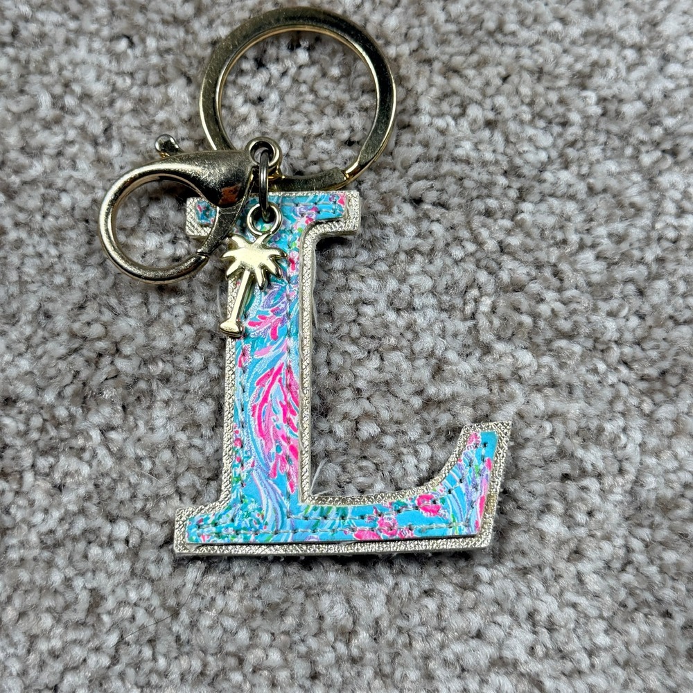 Lilly Pulitzer Initial L Keychain Gold Palm Tree Charm Tropical Floral Print